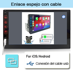 Interfaz del sistema multimedia para automóviles que muestra las opciones de conexión para dispositivos iOS y Android. La pantalla muestra una gran pantalla táctil con varios iconos de aplicaciones