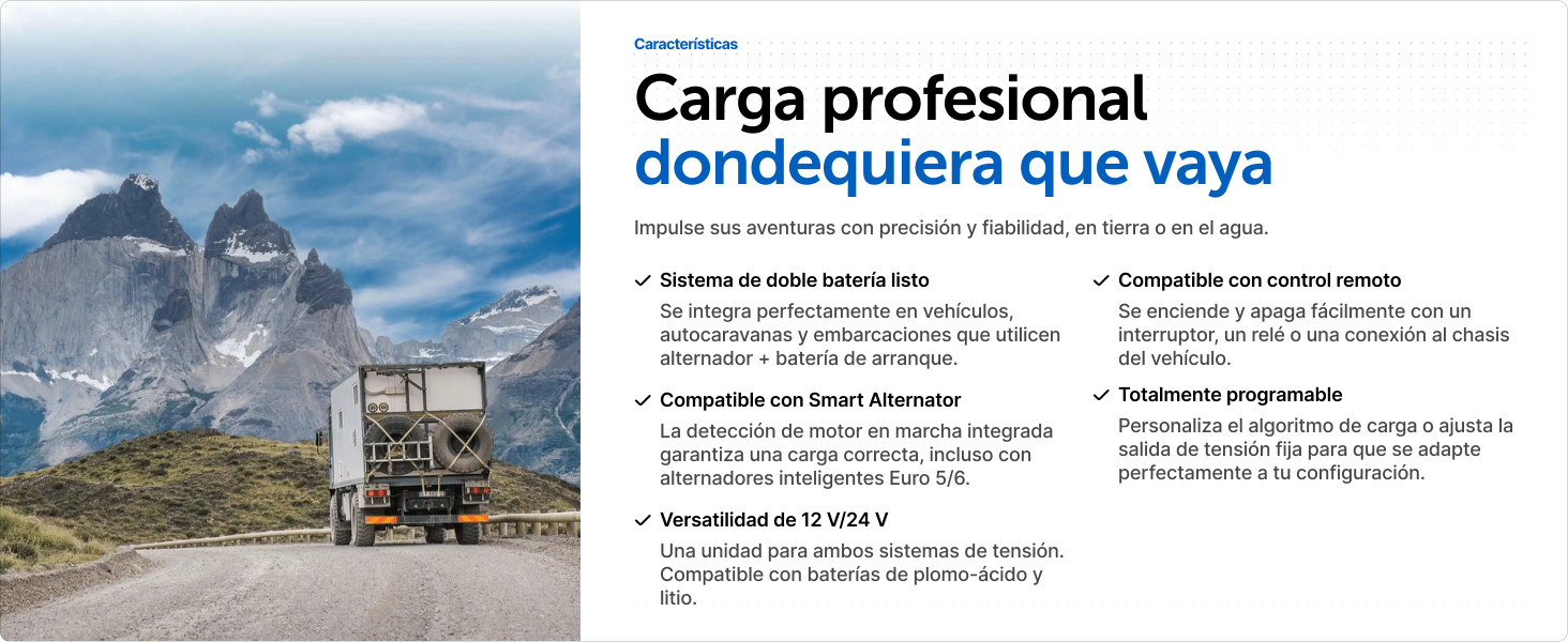 El texto dice «Carga profesional dondequiera que vaya» superpuesto sobre un paisaje montañoso con cielo nublado y vista al lago.