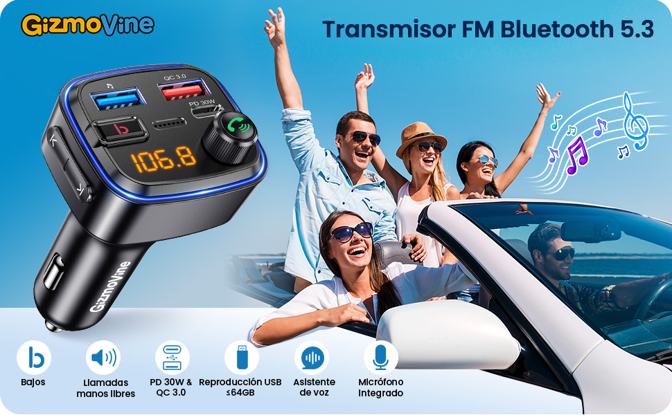 Gizmovine Transmisor FM Bluetooth Coche con Refuerzo de Graves