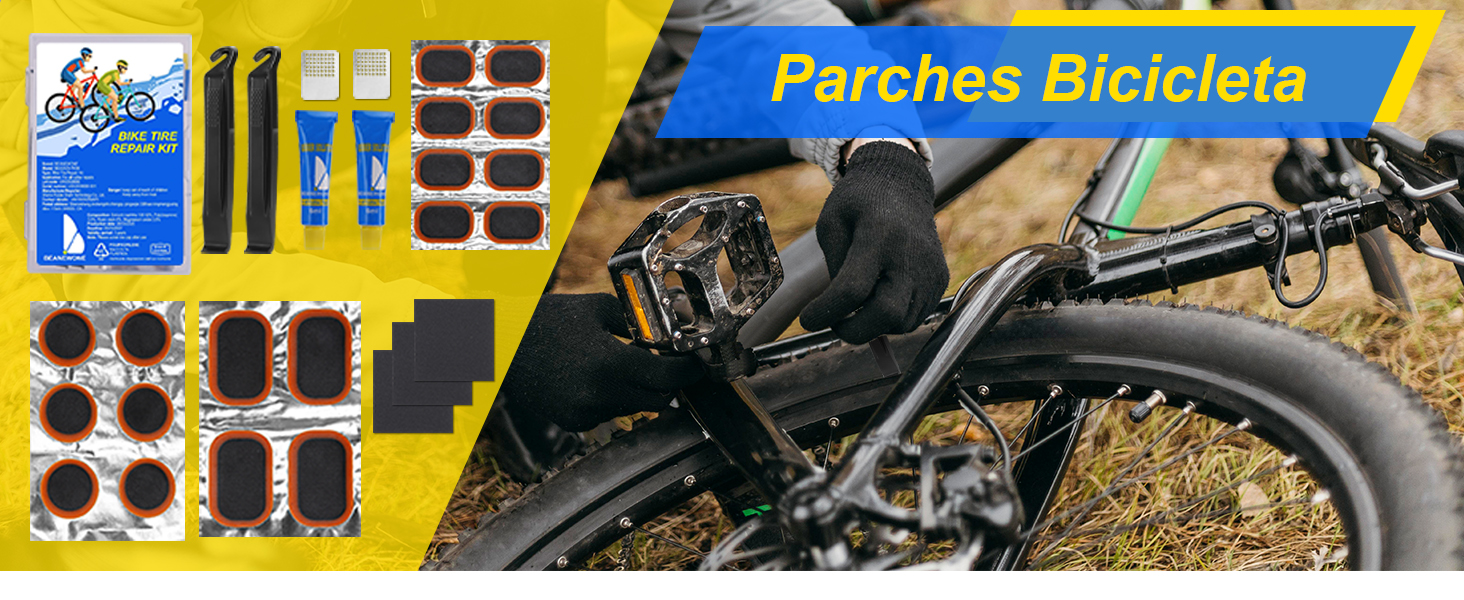 con varias herramientas y parches sobre fondo amarillo. Incluye palancas para neumáticos, pegamento, parches y una imagen de un ciclista reparando una bicicleta