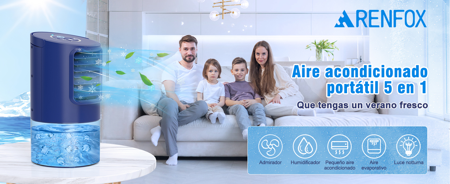 Aire acondicionado portátil 5 en 1 azul con refrigeración, ventilador y humidificador