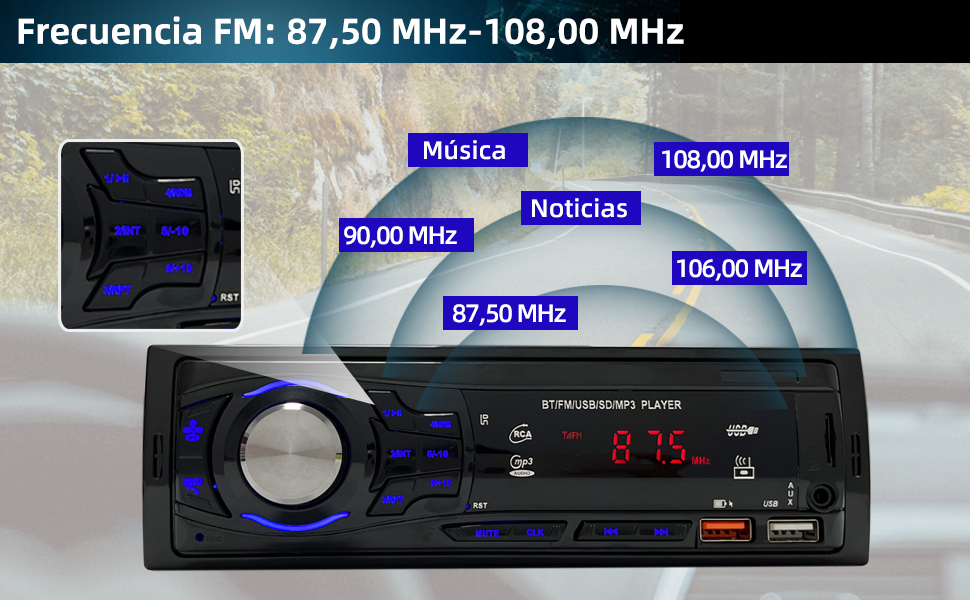 con pantalla LED azul que muestra un rango de frecuencias FM de 87,50 a 108,00 MHz, con ajustes preestablecidos de estaciones de música y noticias