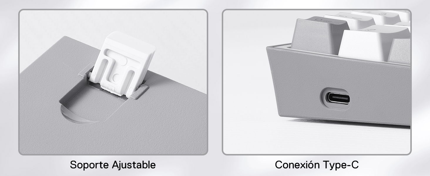 El texto dice «Superte Ajustable» y «Connexin Type C». Diagrama técnico que muestra el conector USB-C y los componentes ajustables del sistema de montaje.