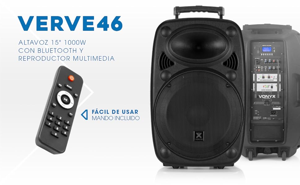 Verve46 - Altavoz portátil 15 pulgadas 1000W Bluetooth MP3 USB SD Mando a distancia