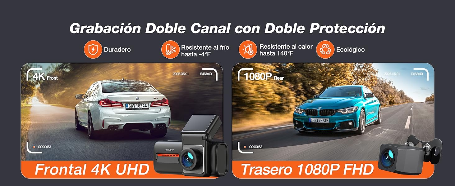 El texto dice «Grabación Doble Canal con Doble Protección». Imagen dividida que muestra dos vehículos, uno negro y otro azul, con iconos de equipos de grabación técnica superpuestos.