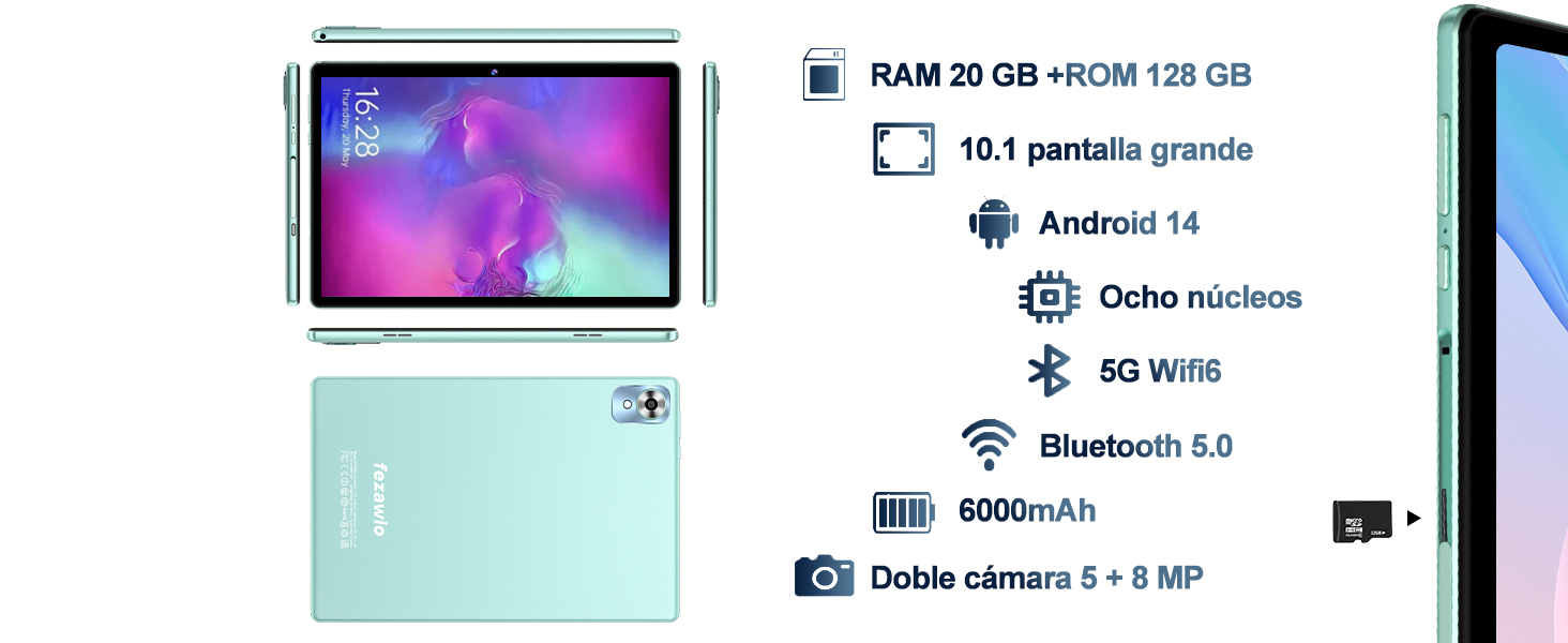 turquesa con pantalla de 10.1 pulgadas, 20 GB de RAM, 128 GB de ROM, Android 14, procesador octa-core, WiFi 5G, Bluetooth 5.0, batería de 6000 mAh y cámaras duales de 5+8 MP.