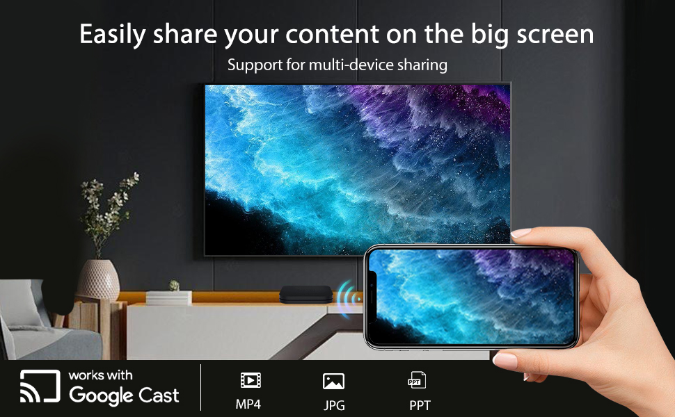 Demostración de la interfaz para compartir pantalla que muestra el contenido de los teléfonos inteligentes transmitido a una pantalla más grande, con los íconos de Google Cast y múltiples opciones para compartir visibles.