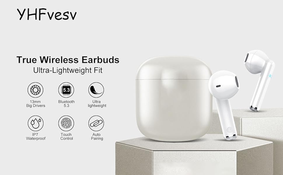 El texto dice «True Wireless Earbuds» y «Ultra-Lightweight Fit». Los auriculares inalámbricos blancos con funda de carga se muestran desde varios ángulos y muestran los iconos de las funciones.