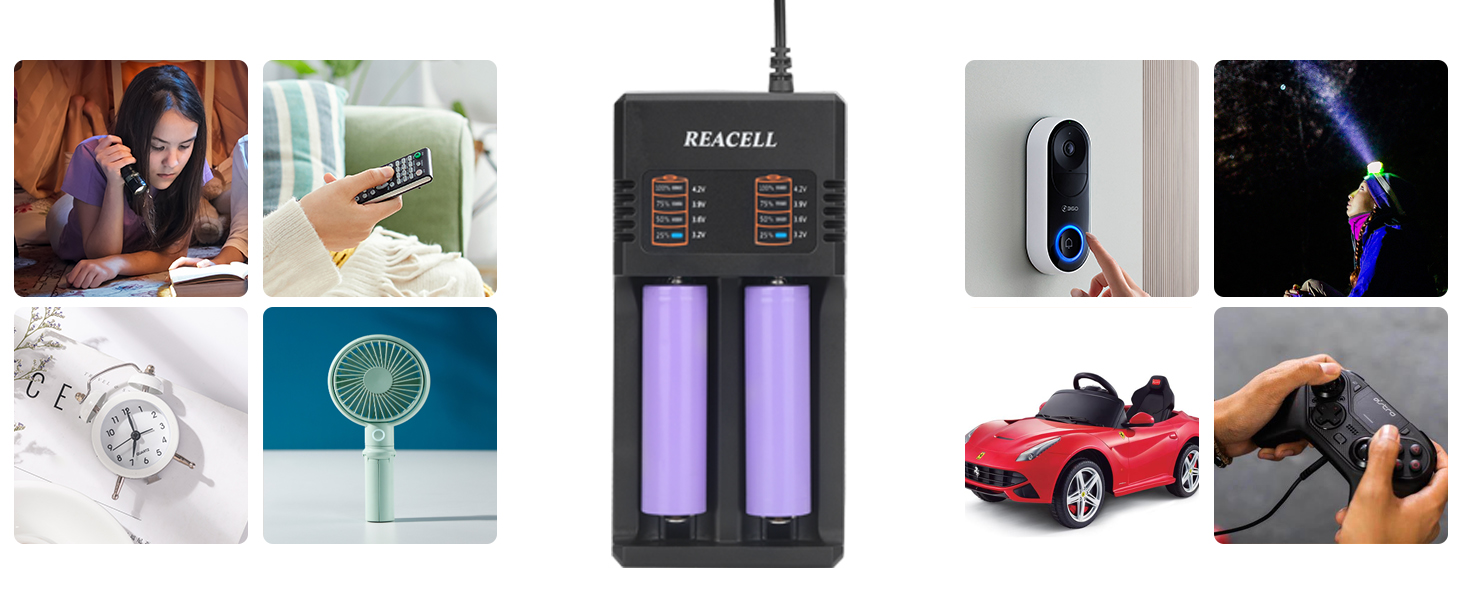 de imágenes de productos que incluye un cargador de baterías con baterías moradas, un coche de juguete, una cámara de seguridad y varias escenas de estilo de vida.