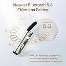 El texto dice «El Bluetooth 5.3 más reciente» y «Emparejamiento sin esfuerzo». Imagen de marketing que muestra un dispositivo inalámbrico blanco con un texto sobre la conexión inalámbrica de baja latencia y la tecnología Bluetooth 5.3 avanzada.