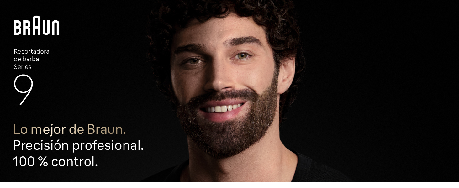 Hombre sonriendo tras usar la Braun Recortadora de Barba Series 9 de precisión profesional.