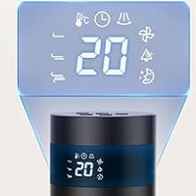 Interfaz de pantalla digital que muestra una temperatura de 20 grados con iconos para varios ajustes y modos, retroiluminada en azul.