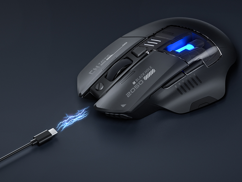 Ratón negro para juegos con iluminación LED azul, varios botones, diseño ergonómico y conector de cable trenzado con efecto de iluminación.