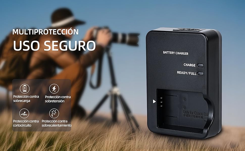 para cámaras con características de seguridad. El fondo muestra al fotógrafo usando un teleobjetivo en el campo, con iconos que destacan la protección contra diversos peligros