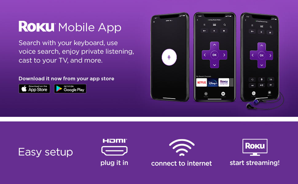 Aplicación móvil Roku, control remoto adicional, escucha privada, lanzamiento a tu televisor, fácil instalación