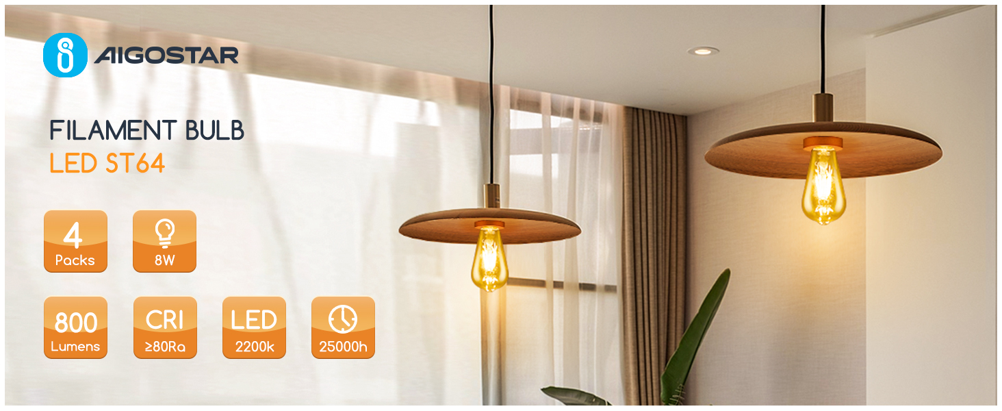 Aigostar Bombilla LED ST64 E27 con Filamento led