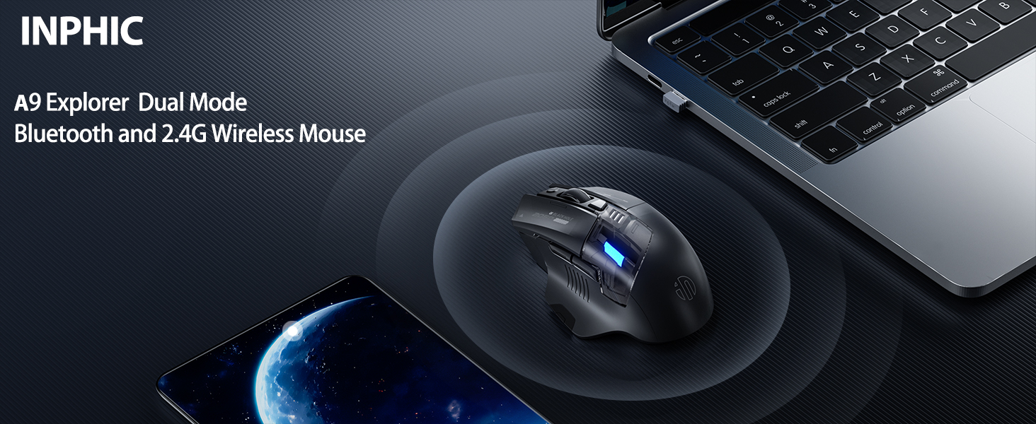 La pantalla del producto es un ratón inalámbrico INPHIC que muestra funciones de conectividad Bluetooth y 2,4 G en modo dual sobre un fondo oscuro con gráficos planetarios.
