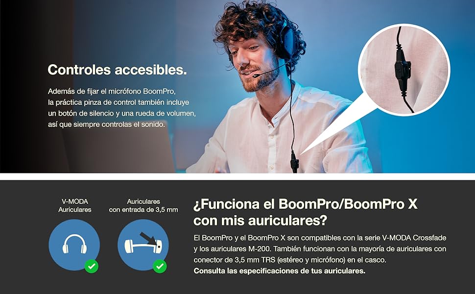 Controles; Pinza; Boom; Volumen; Silencio; Ajustable; Sonido; Confort; Ligero; Teletrabajar