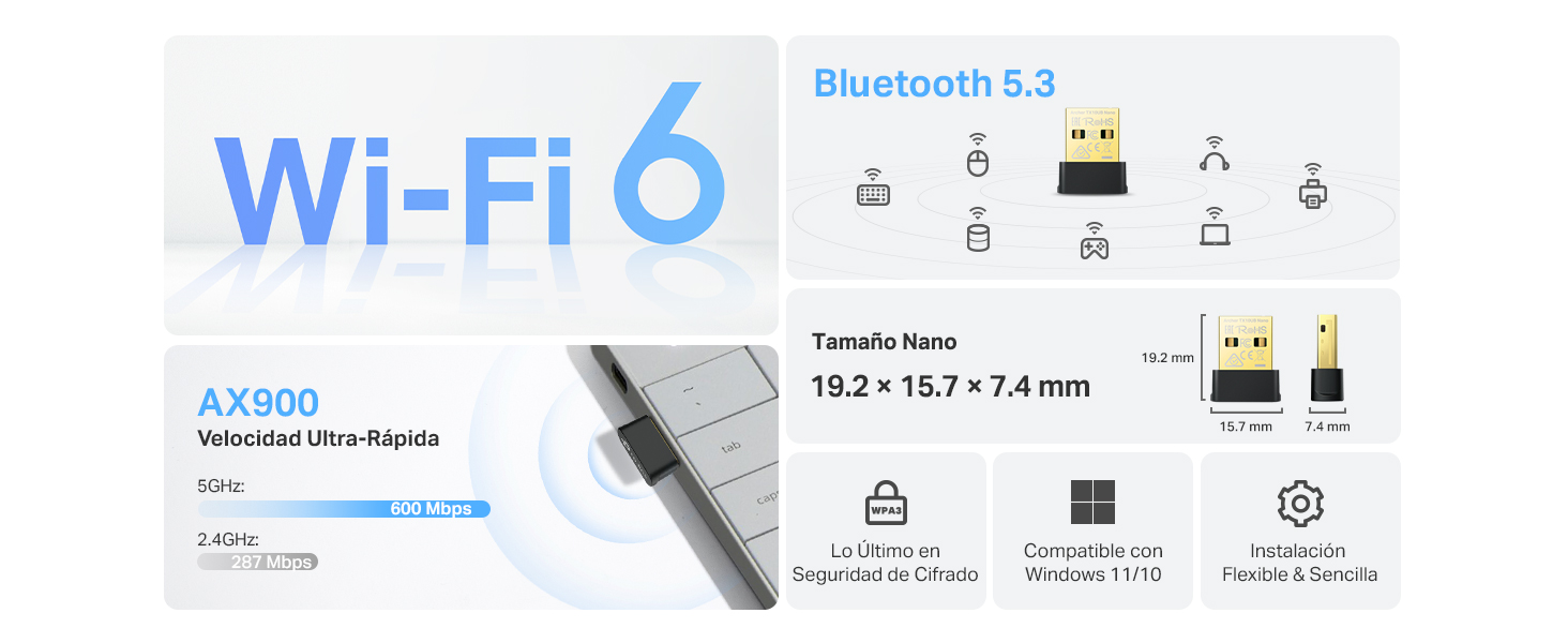 Archer TX10UB Nano - Adaptador USB Nano Wi-Fi 6 AX900 con Bluetooth 5.3