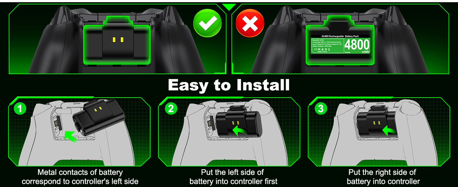 El texto dice «Fácil de instalar». La guía de instalación muestra los tres pasos del proceso de instalación de la batería con una marca de verificación verde y una X roja.
