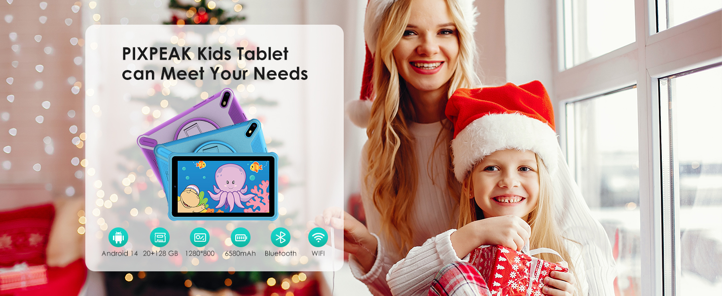 FIXPEAK con fundas protectoras coloridas. El dispositivo se muestra con dibujos animados de pulpos en la pantalla. Los iconos que aparecen a continuación indican las funciones de la tableta. Escena navideña con decoraciones de fondo.