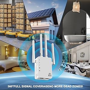 El texto dice: «COBERTURA DE SEÑAL COMPLETA DE 360°, ¡NO MÁS ZONAS MUERTAS!» Varios paneles muestran la instalación de un router WiFi en almacenes o entornos industriales con estantes de almacenamiento y paneles solares.