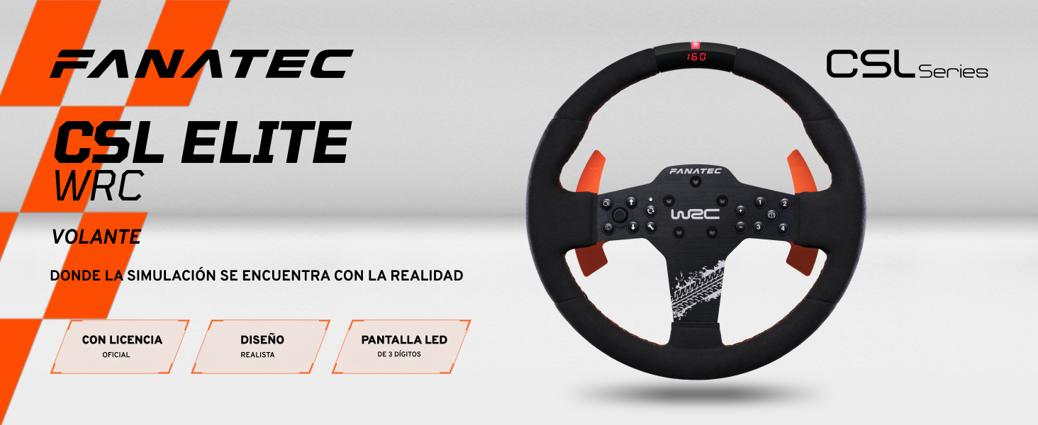 El mando de volante de carreras Fanatec CSL Elite se muestra desde varios ángulos, con un volante circular negro con botones de control.