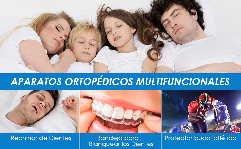 El texto dice: «APARATOS ORTOPÉDICOS MULTIFUNCIONALES», «Recinar de dientes», «Bandeja para», «Protector bucal antiestrés». Banner publicitario que muestra productos para el cuidado dental y dispositivos de protección.
