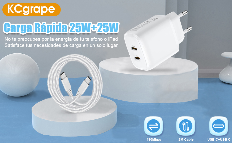 Doble 25W Cargador USB C y 1.8M Cable USB C a USB C