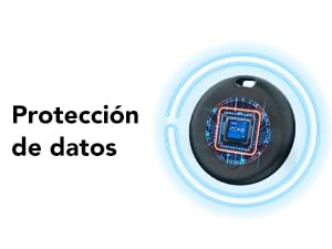 Diagrama técnico que muestra las funciones de protección de datos con elementos de diseño circular y efectos de brillo azul sobre un fondo oscuro.