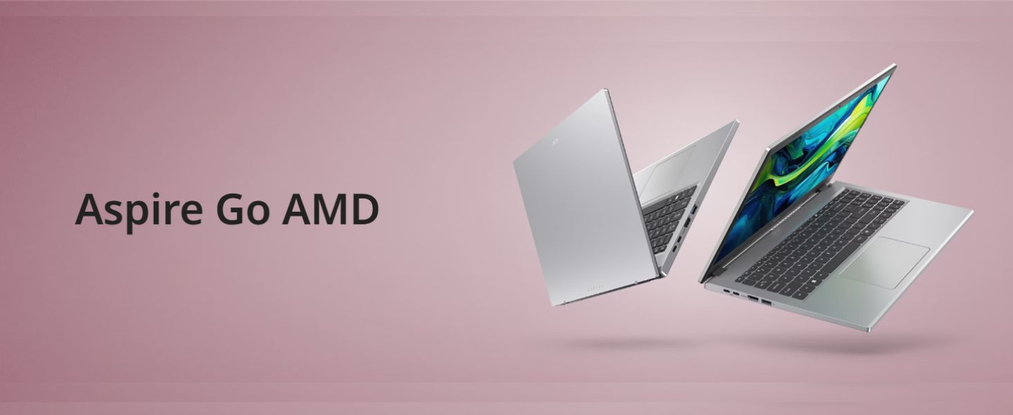 El texto dice «Aspire Go AMD». Dos vistas de un portátil moderno con acabado plateado, que muestran las posiciones cerradas y abiertas sobre un fondo rosa degradado.