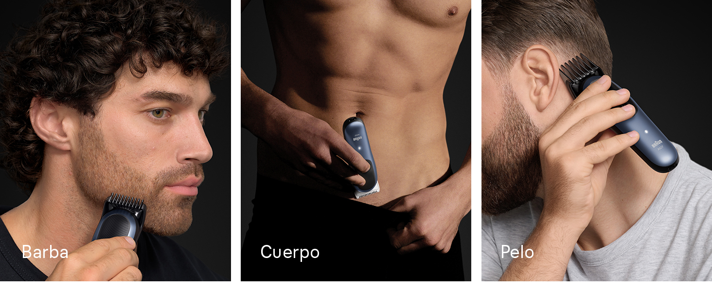 Diferentes formas de usar los accesorios de Braun Series 7 en barba, cuerpo y pelo.
