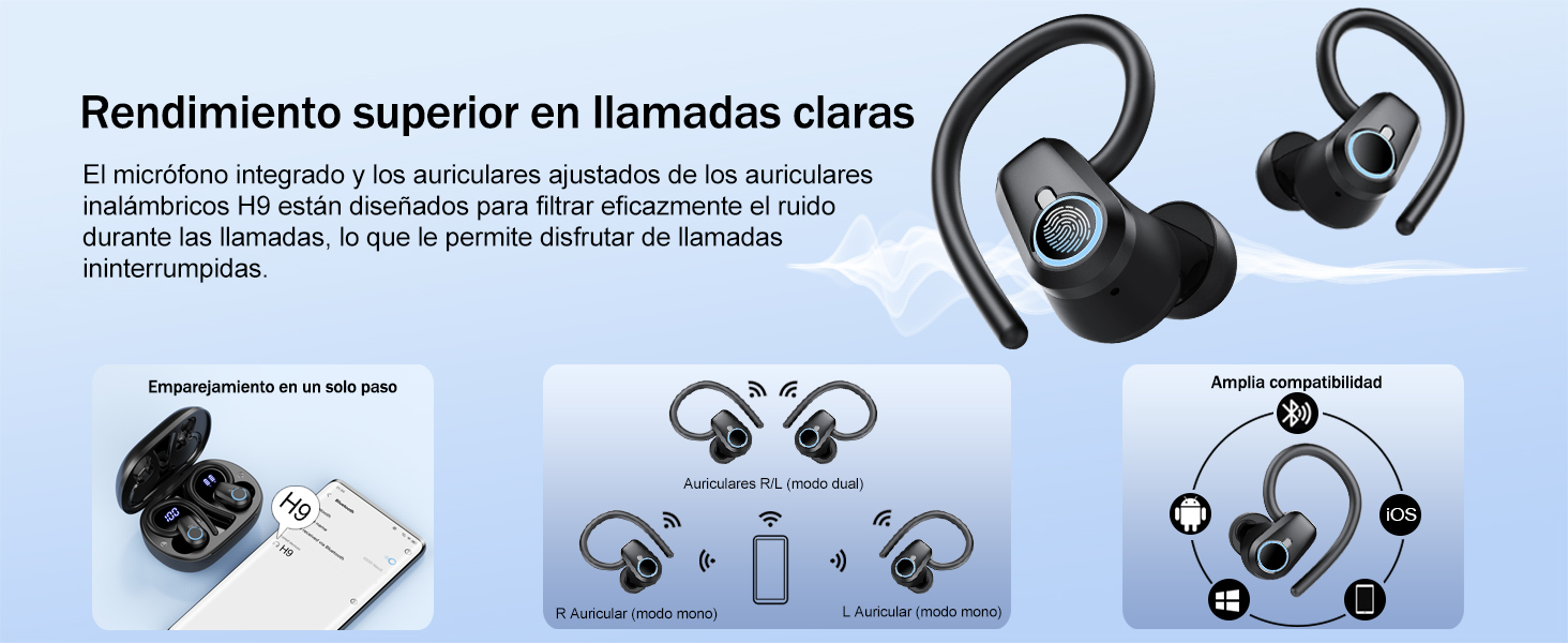 con ganchos para las orejas, con múltiples estilos de uso y funda de carga. El texto en español destaca la claridad superior de las llamadas y la integración del micrófono