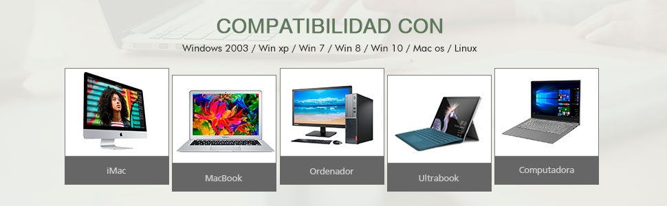 El texto dice «COMPATIBILIDAD CON» seguido de una fila de iconos de dispositivos que muestran diferentes pantallas de ordenadores y tabletas con sus especificaciones a continuación.