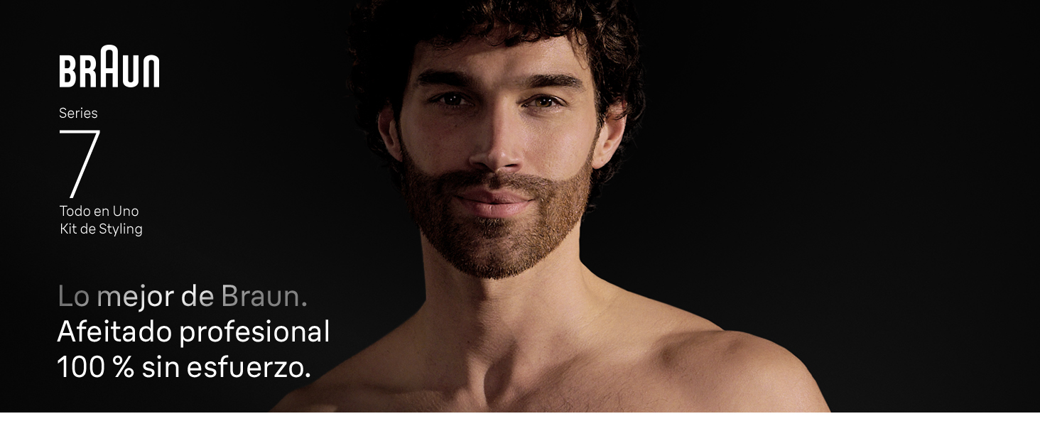 Un hombre con barba sonríe tras usar Braun Series 7 todo en uno para un afeitado sin esfuerzo.