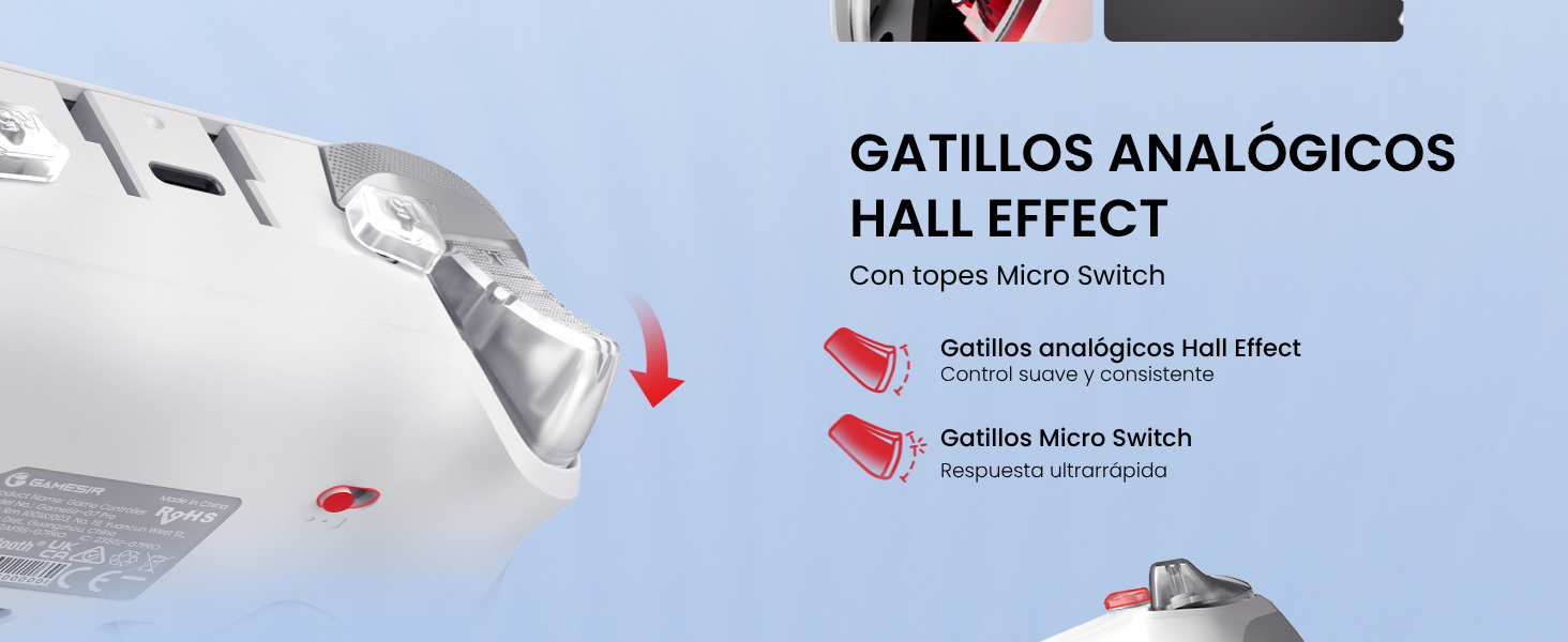 El texto dice «GATILLOS ANALÓGICOS HALL EFFECT». Diagrama técnico que muestra los componentes de los activadores o interruptores analógicos con elementos resaltados en rojo.