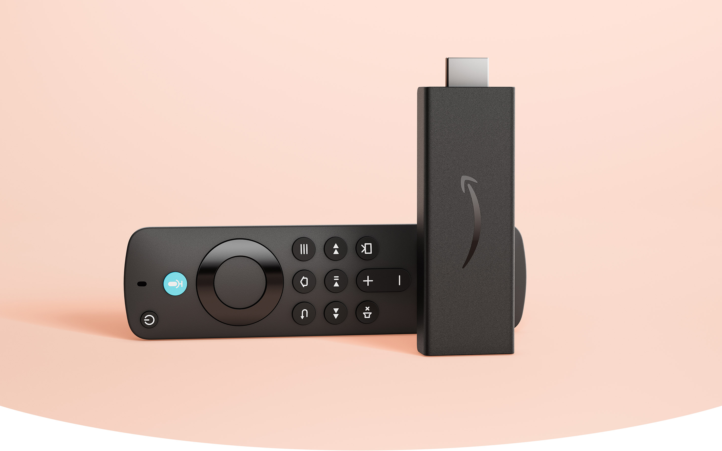 Fire TV Stick HD y mando por voz Alexa en una habitación iluminada en rosa.