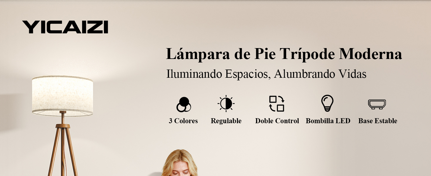 El texto dice «YILXIZI» y «Lámpara de Pie Trípode Moderna Iluminando Espacios, Alumbrando Vidas». Expositor moderno de lámpara de pie con trípode con iconos que muestran diferentes características.