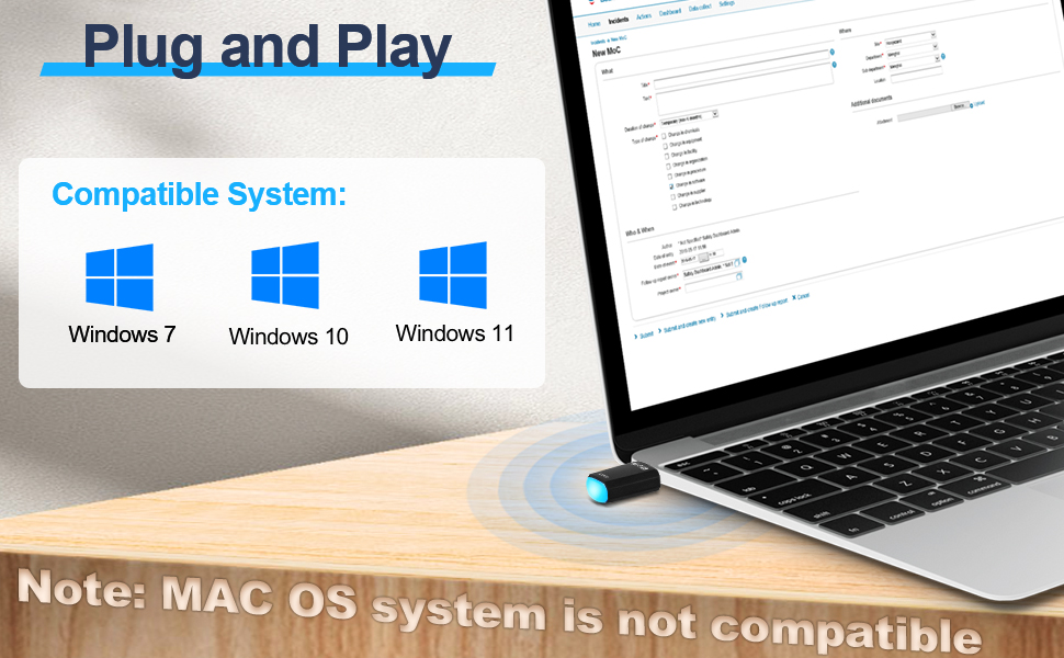 El texto dice «Plug and Play» y «Sistema compatible:», seguidos de los iconos del sistema operativo Windows. Muestra la pantalla de información de compatibilidad entre ordenadores portátiles y dispositivos.