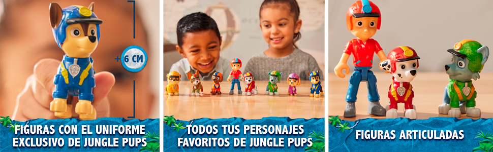 Pack figuras Jungle Pups, Marshall, Skye, Rubble, Tracker, Chase Paw Patrol, Patrulla Canina