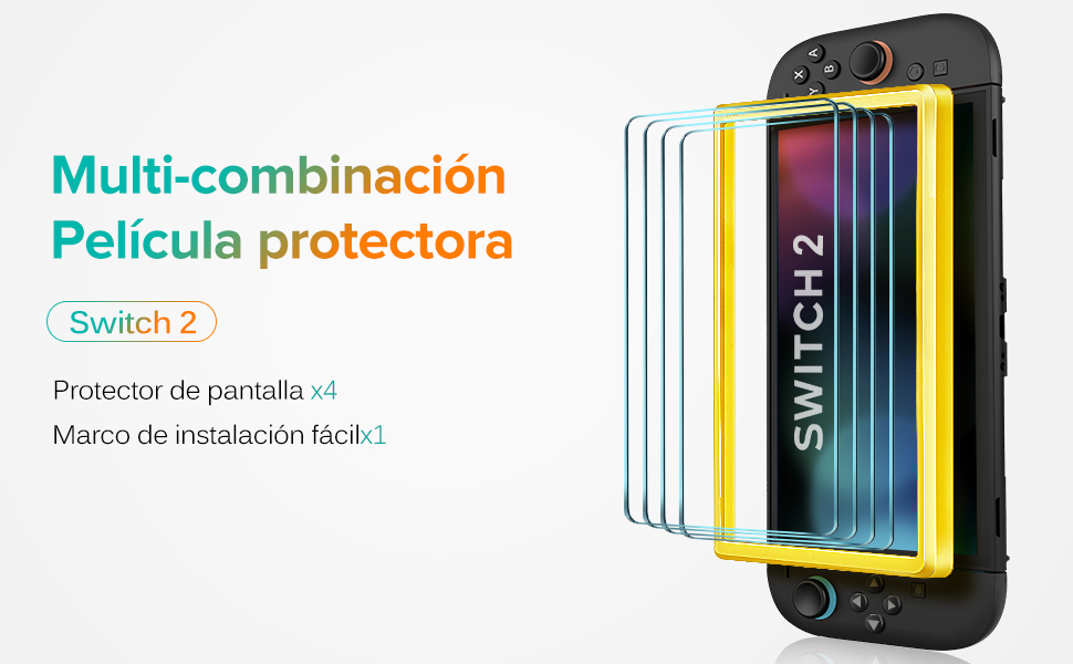para el dispositivo de juego Nintendo Switch 2. Se muestran varias capas de colores, con marco amarillo. El texto indica 4 protectores y un marco de fácil instalación incluido.