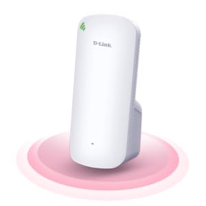 DAP-X1860 AX1800 Mesh Wi-Fi 6 Range Extender with red wireless wave lines underneath.
