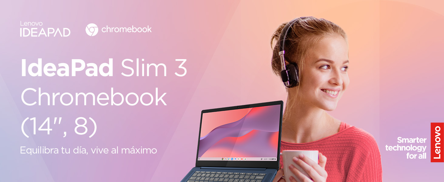 Lenovo IdeaPad Slim 3 Chromebook Gen 8 Imagen frontal ordenador con usuaria + audífonos