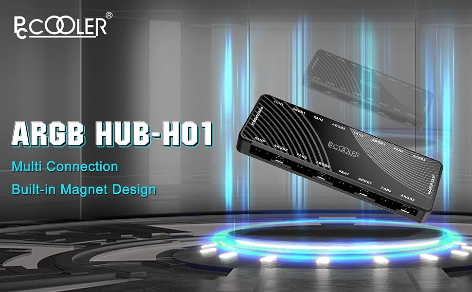 PCCOOLER ARGB HUB-H01, un hub USB negro con varios puertos, iluminado por luces LED azules. Cuenta con un diseño magnético integrado y de conexión múltiple