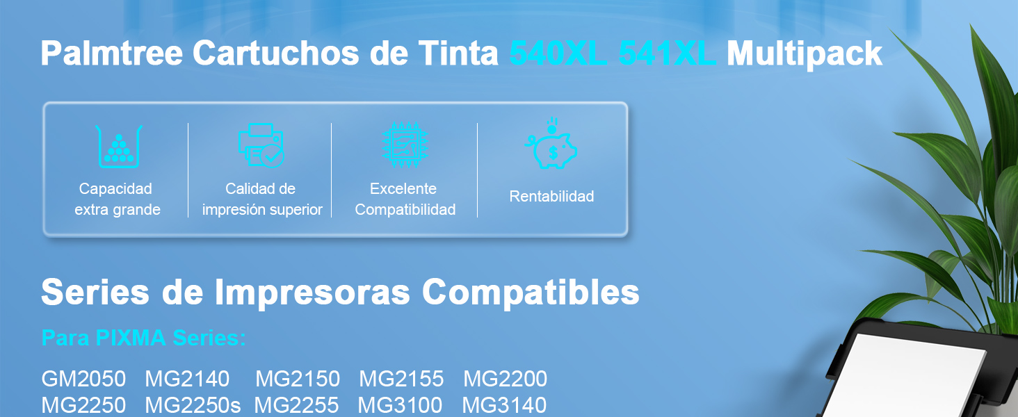 El texto dice «Palmeros Cartucho de Tinta», «Serie de Impresoras Compatibles». Diseño de pancarta azul que muestra la información de compatibilidad de los cartuchos de la impresora con texto en blanco.
