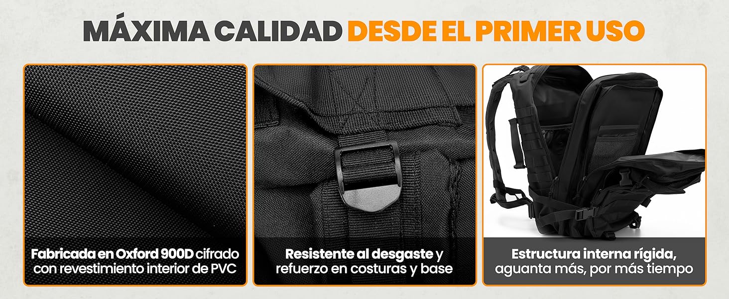 El texto dice «MÁXIMA CALIDAD DESDE EL PRIMER USO». Serie de fotografías de productos en negro que muestran diferentes ángulos y posiciones.