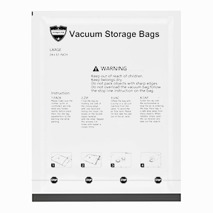 Hoja de información del producto para bolsas de almacenamiento al vacío. Fondo blanco con texto e iconos negros que detallan las instrucciones de uso y las características del producto.