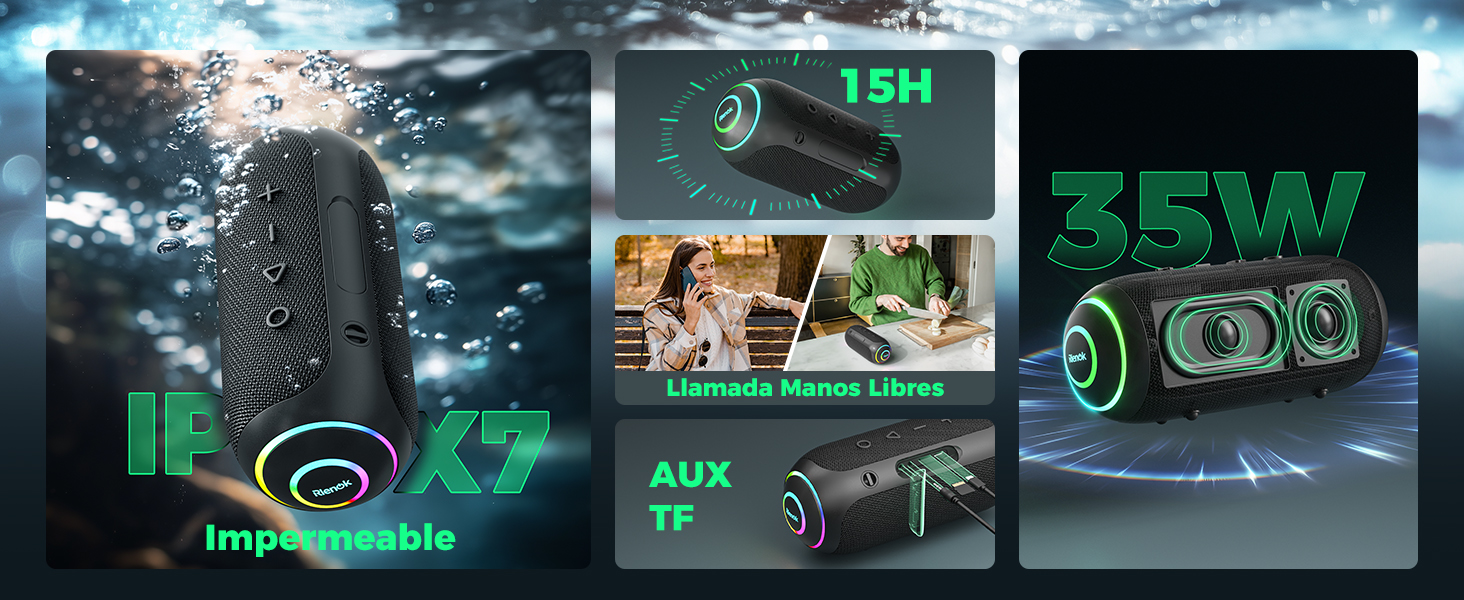 con luces LED, batería de 15 horas de duración, potencia de salida de 35 W. Cuenta con entrada auxiliar y ranura para tarjeta TF. Se muestran varios escenarios de uso.