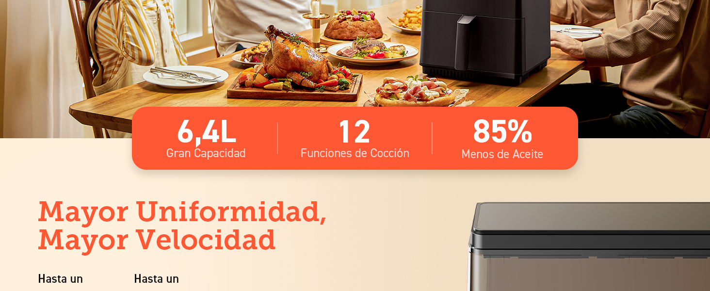 6,4 L Gran Capacidad, 12 Funciones de Cocción, 85% Menos de Aceite