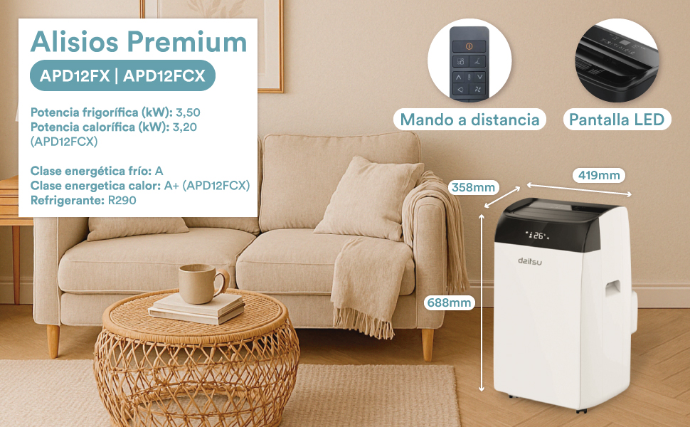 Daitsu Alisios Premium Aire Acondicionado Portátil Deshumidificador y Ventilador